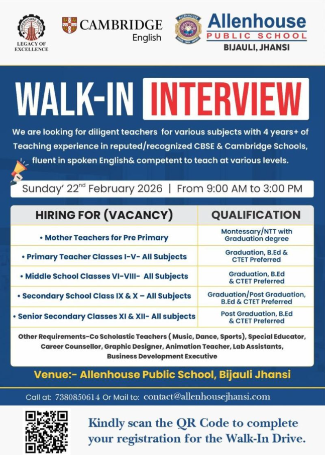 Allenhouse Public School Jhansi Recruitment 2026