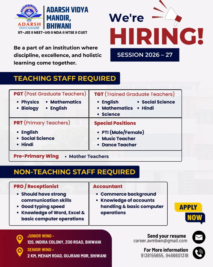 Adarsh Vidya Mandir Bhiwani Recruitment 2026