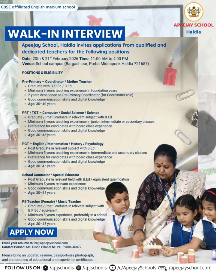Apeejay School Haldia Recruitment 2026