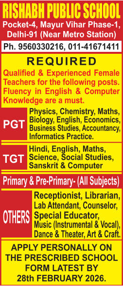 Rishabh Public School Mayur Vihar Recruitment 2026