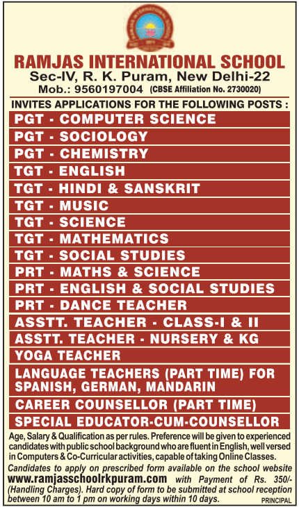 Ramjas International School New Delhi Recruitment 2026