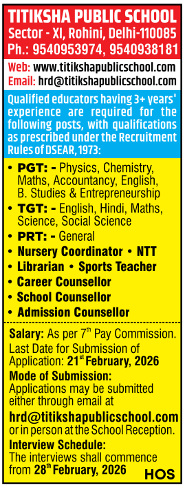 Titiksha Public School Rohini Recruitment 2026