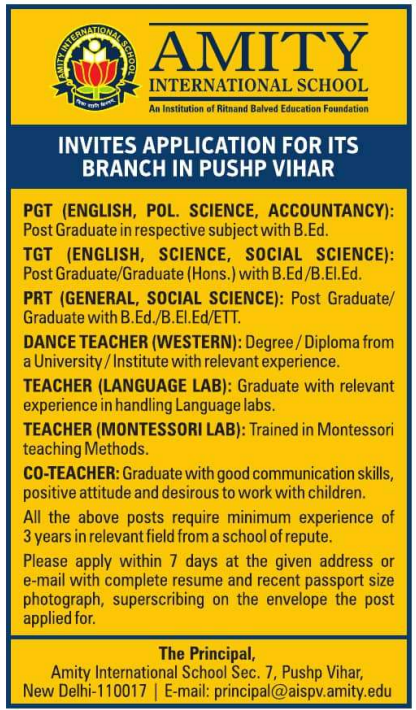Amity International School Pushp Vihar Recruitment 2026