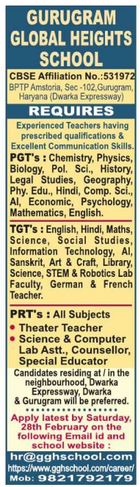 Gurugram Global Heights School Recruitment 2026