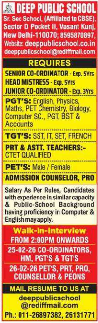 Deep Public School Delhi Recruitment 2026