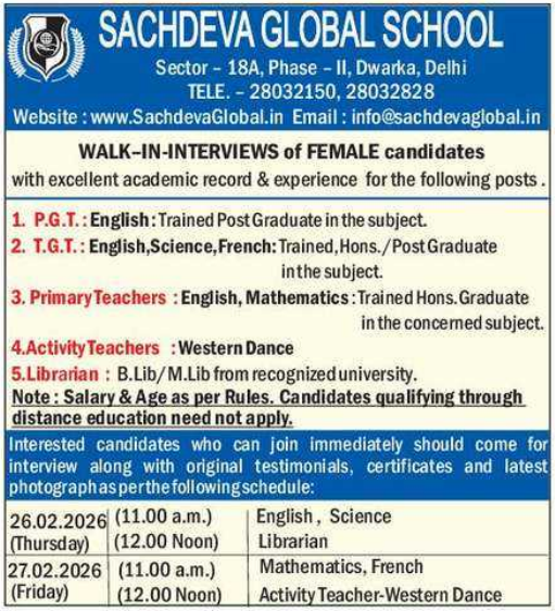 Sachdeva Global School Dwarka Recruitment 2026