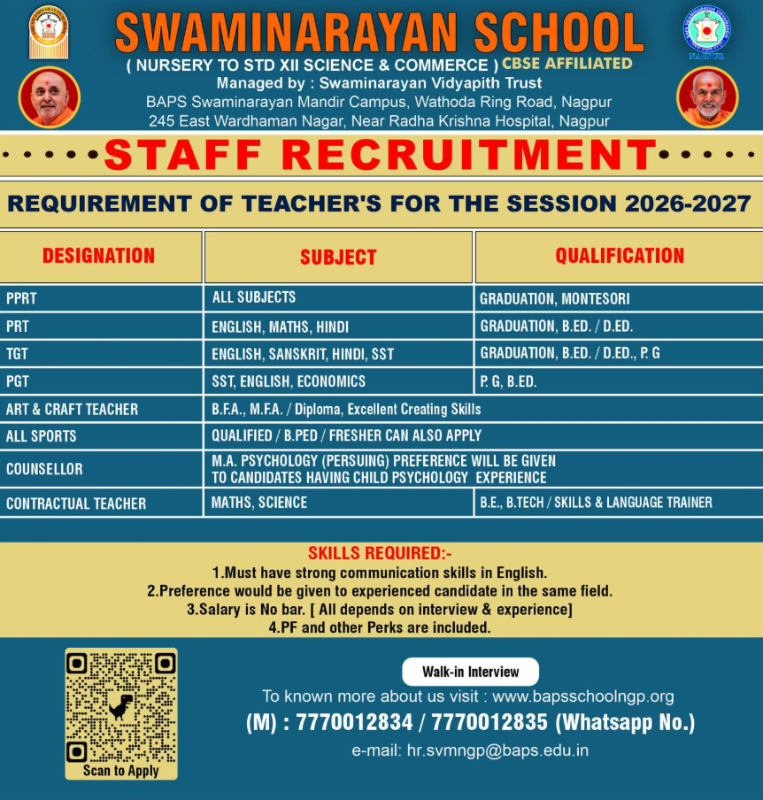 Swaminarayan School Nagpur Recruitment 2026