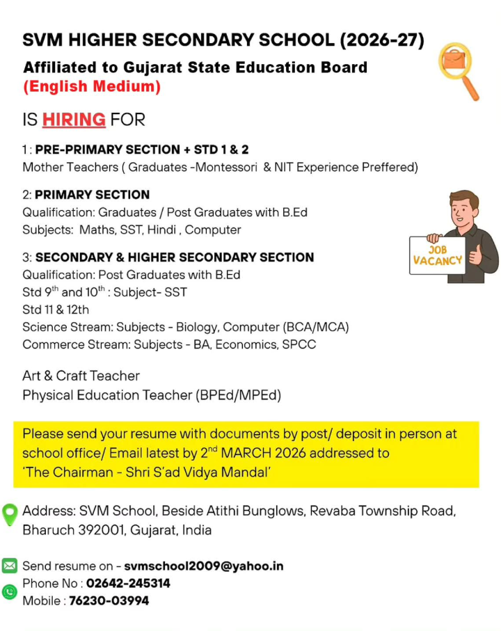 SVM Higher Secondary School Bharuch Recruitment 2026