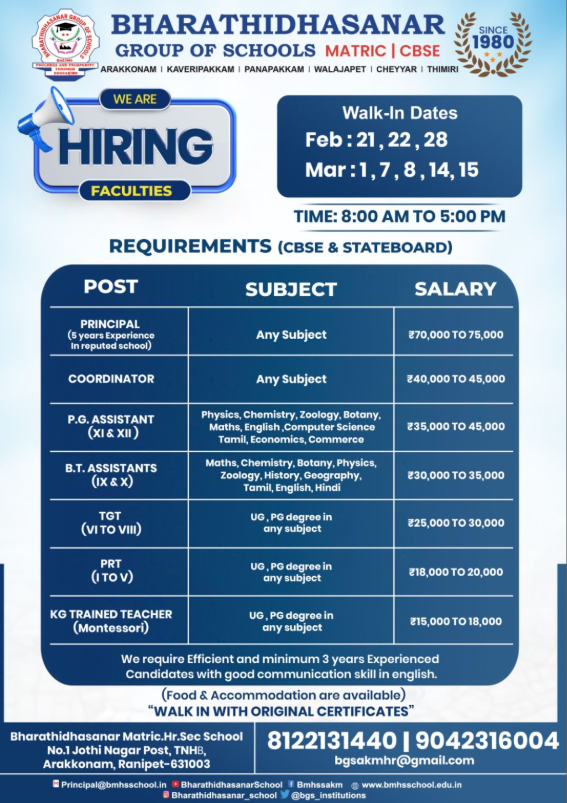 Bharathidhasanar Group of Schools Ranipet Recruitment 2026