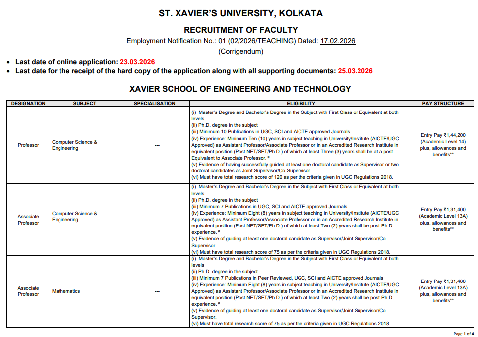 St Xaviers University Kolkata Recruitment 2026