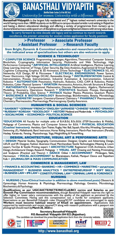 Banasthali Vidyapith Rajasthan Recruitment 2026