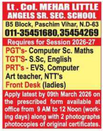 Lt. Col. Mehar Little Angels Sr. Sec. School Paschim Vihar Recruitment 2026