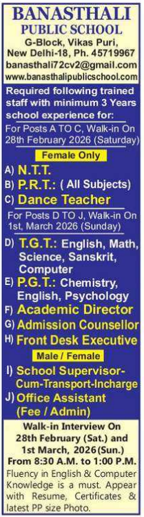 Banasthali Public School Vikas Puri Recruitment 2026