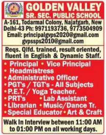 Golden Valley Sr. Sec. Public School Recruitment 2026