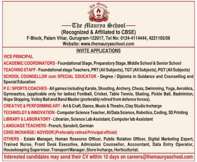 The Maurya School Gurugram Recruitment 2026
