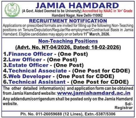 Jamia Hamdard New Delhi Non-Teaching Positions 2026