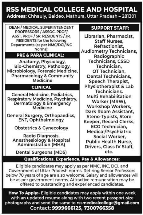 RSS Medical College and Hospital Mathura Recruitment 2026
