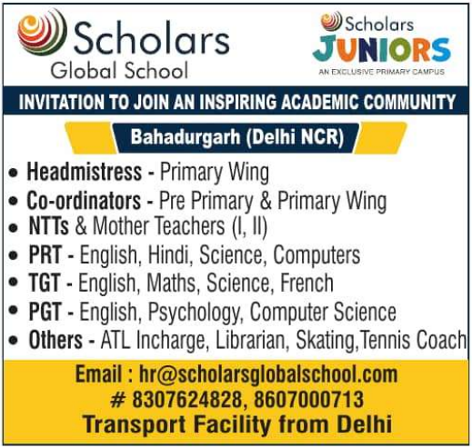 Scholars Global School Bahadurgarh teacher Recruitment 2026