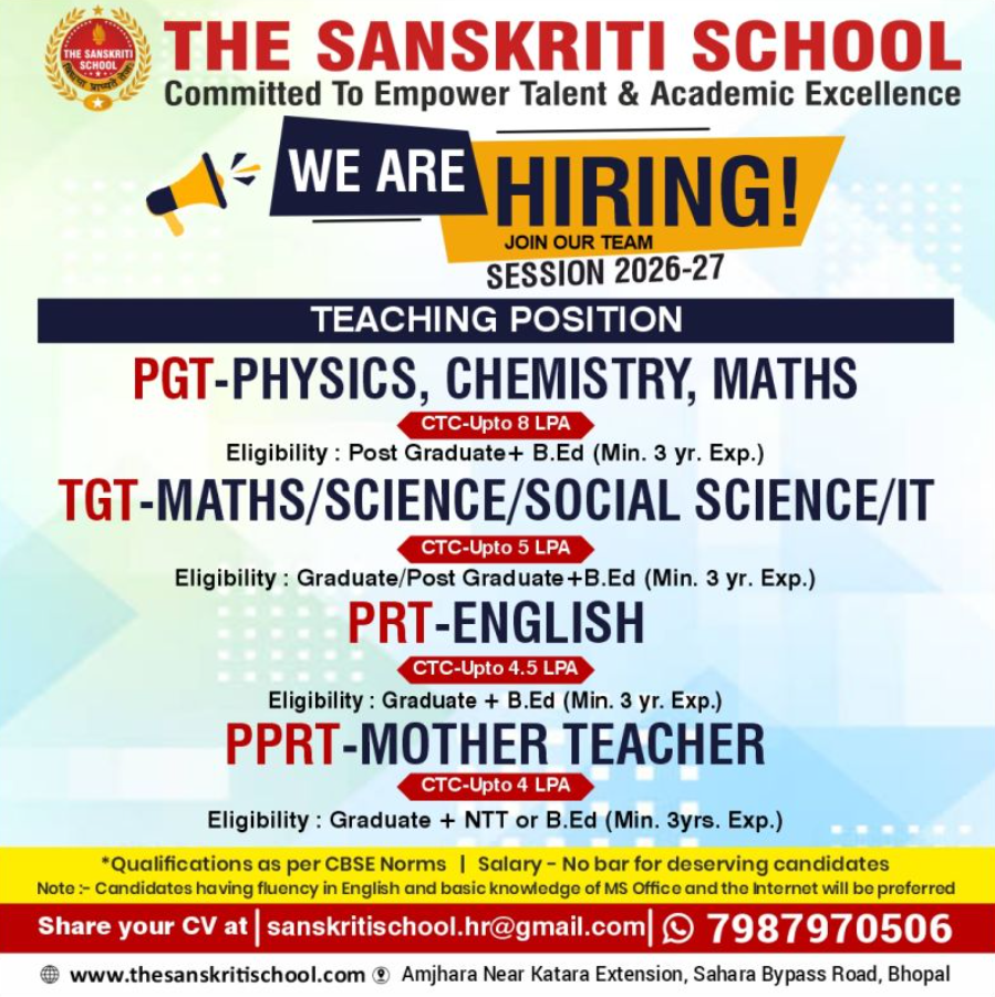 The Sanskriti School Bhopal Recruitment 2026