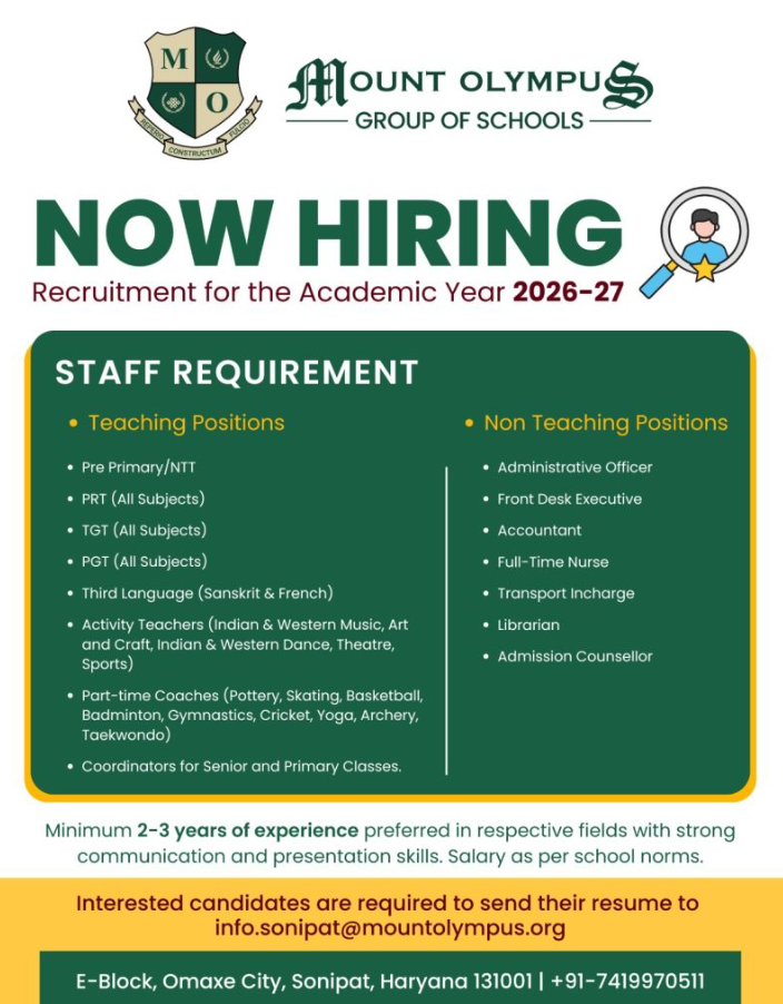 Mount Olympus Group of Schools Sonipat Recruitment 2026