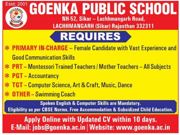 Goenka Public School Sikar Recruitment 2026