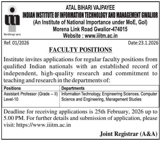 ABV-IIITM Gwalior Faculty Recruitment 2026