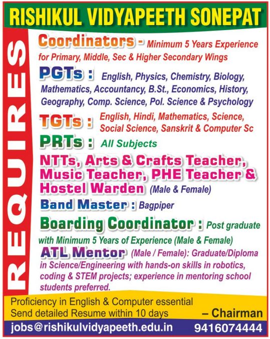 Rishikul Vidyapeeth Sonepat Recruitment 2026