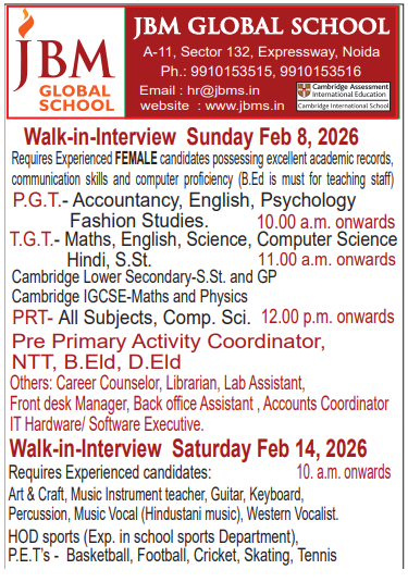 JBM Global School Noida Recruitment 2026