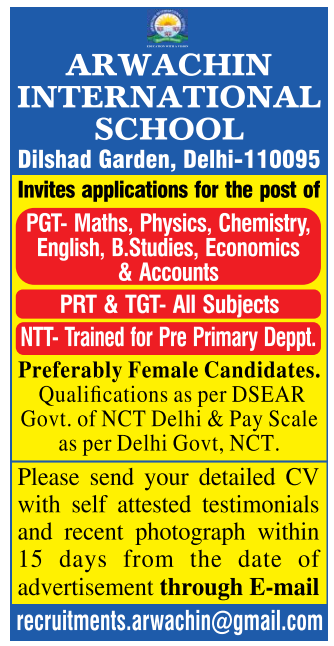 Arwachin International School Delhi Recruitment 2026