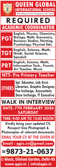 Queen Global International School Delhi Recruitment 2026