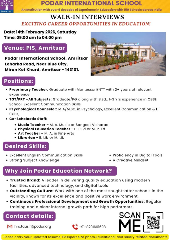 Podar International School Amritsar Recruitment 2026