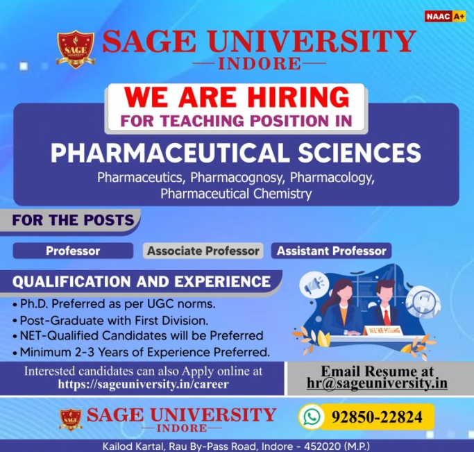 SAGE University Indore Recruitment 2026