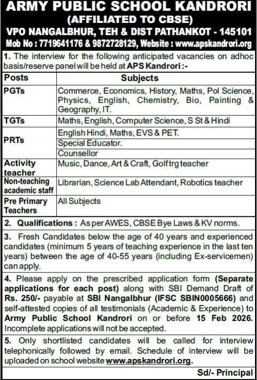 Army Public School KandrorI Job Vacancy 2026