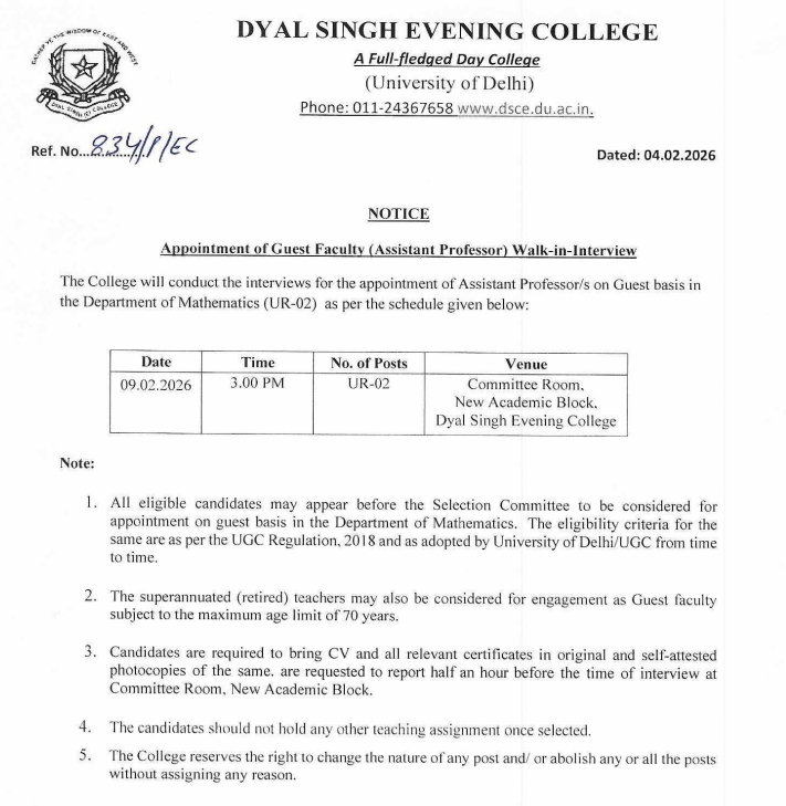 Dyal Singh Evening College New Delhi Assistant Professor Job 2026