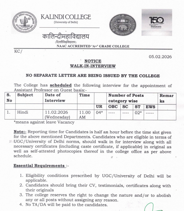 Assistant Professor Job in Hindi at Kalindi College 2026