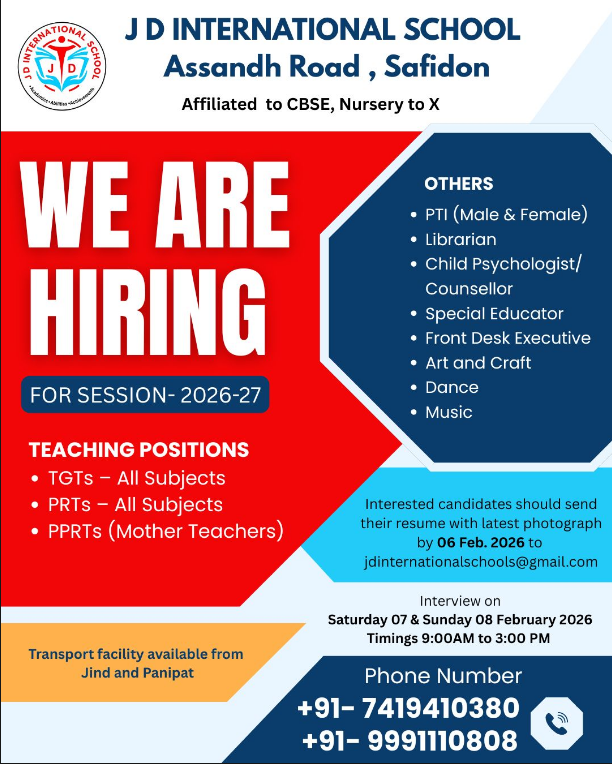 J D International School Safidon Recruitment 2026