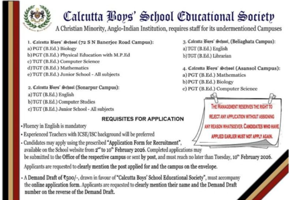 Calcutta Boys School Recruitment 2026