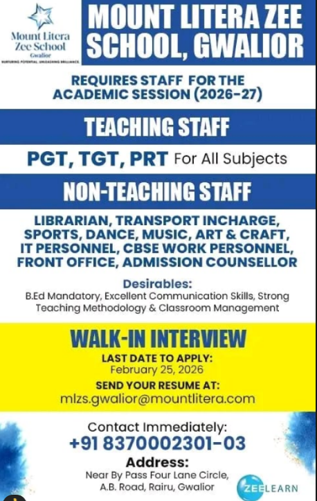 Mount Litera Zee School Gwalior Recruitment 2026