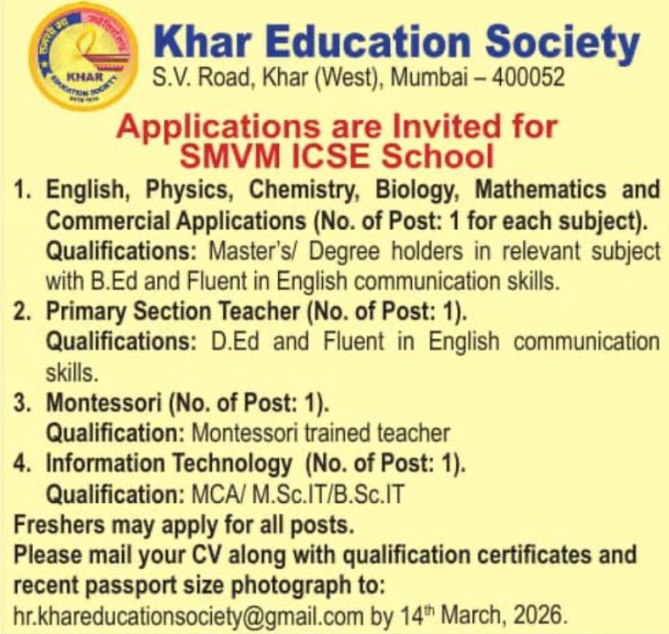 Khar Education Society Mumbai Teacher Recruitment 2026