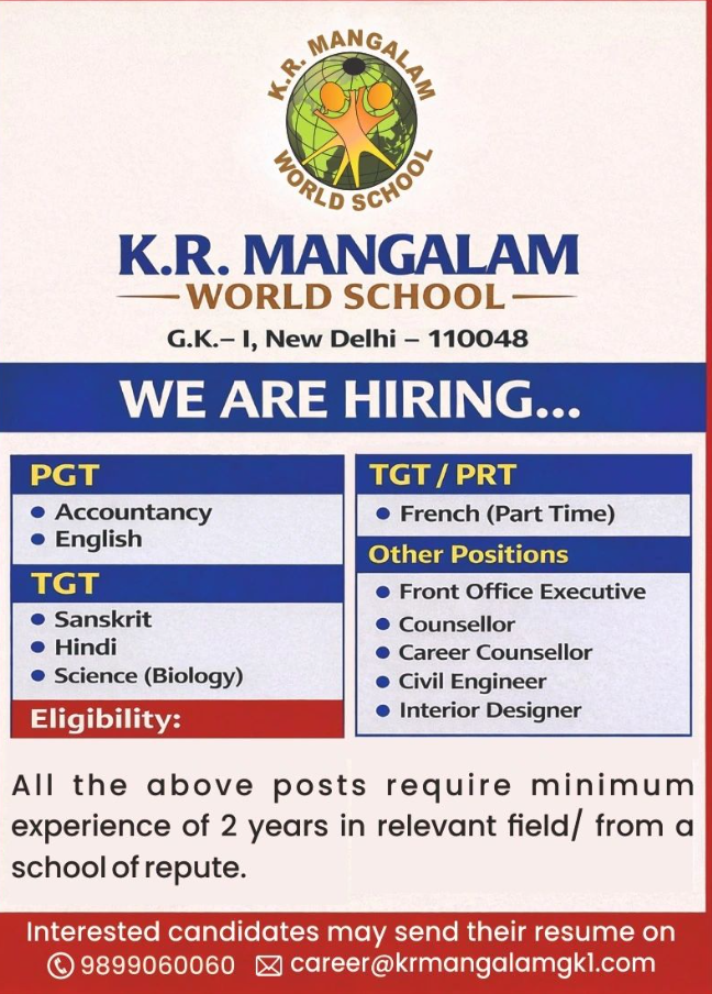 K.R. Mangalam World School GK-1 Delhi Recruitment 2026