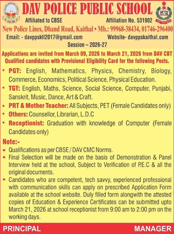DAV Police Public School Kaithal Recruitment 2026