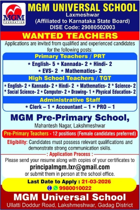 MGM Universal School Lakshmeshwar Recruitment 2026
