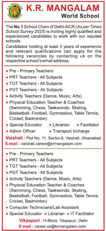 K.R. Mangalam World School Vaishali & Vikas Puri Recruitment 2026