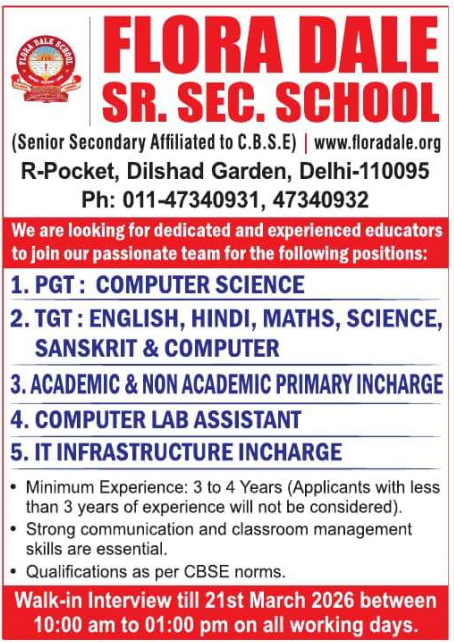 Flora Dale Sr. Sec. School Delhi Recruitment 2026