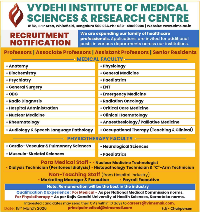 Vydehi Institute of Medical Sciences Bangalore Recruitment 2026