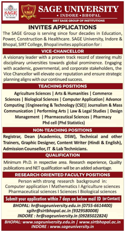 SAGE University Indore and Bhopal Recruitment 2026