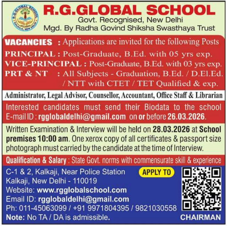 RG Global School Delhi Recruitment 2026