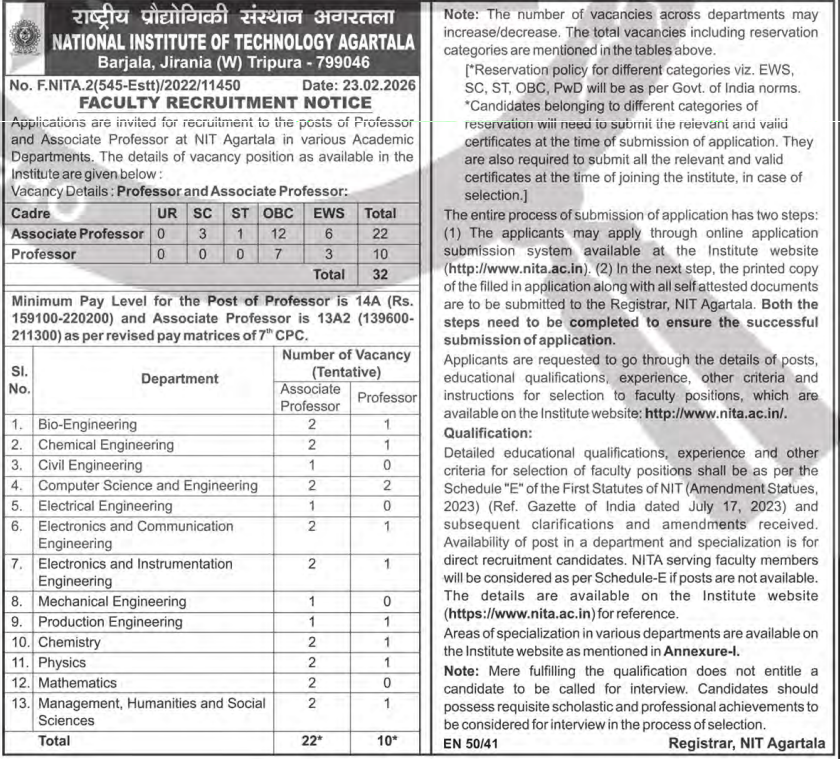 NIT Agartala Faculty Recruitment 2026