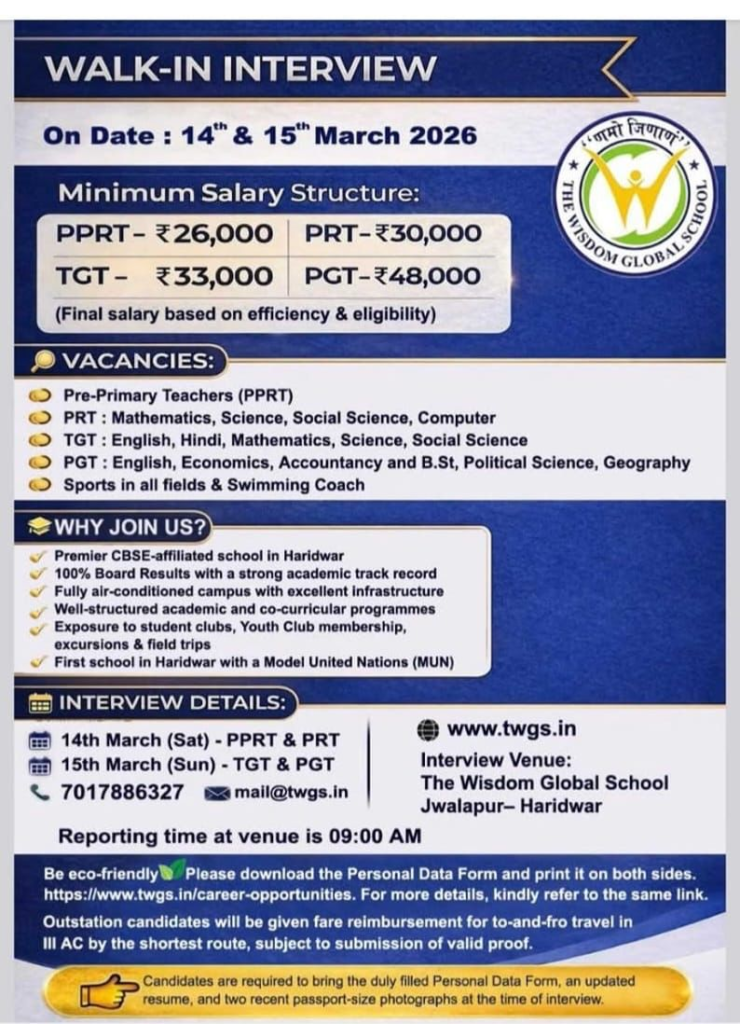 The Wisdom Global School Haridwar Walk-in Interview 2026