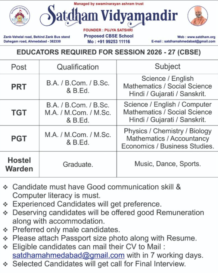 PGT Vacancies at Satdham Vidyamandir CBSE School